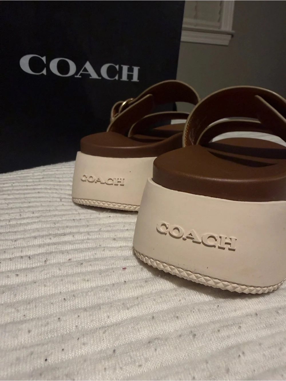 Coach Brown Signature Double-Strap Slide Sandals with Buckle - Picture 3 of 4